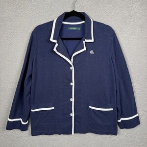Lauren Ralph Lauren Pajama‎ Top Womens L Blue Monogram Preppy Lounge Button Up